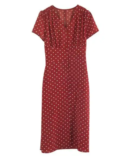 Женское красное платье в горошек, сексуальное винтажное Летнее Платье макси с v-образным вырезом, элегантное шифоновое женское длинное платье с коротким рукавом