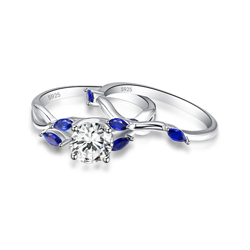 BONLAVIE Wedding Band Couple Ring Sets Horse Eye Shape Blue Sapphire Tanzanite Rings 100% 925 Sterling Silver Fine Jewelry Ring