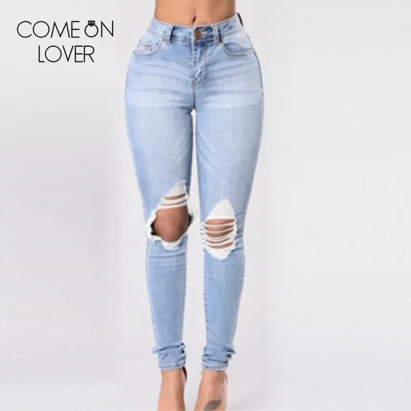 Comeonlover High Street отверстие женские джинсы отбеленные Ripped Омывается Джинсовые брюки женские прямые модные брюки женские tl2457