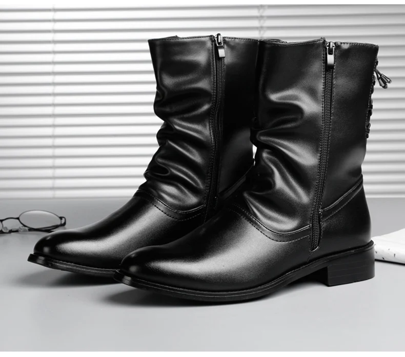 Men's Boots Men Desert Boot Mid-Calf Genuine Leather Boots Men's Zipper Men Winter Shoes Round Toe Motorcycle Boots' Army Black (7)
