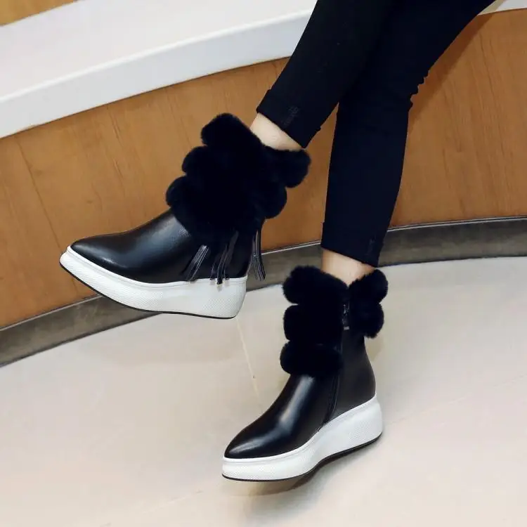 Seite Schnalle Braun Stiefel Winter Damen orange Gummi Frauen Schwarz Zapatos Schwarzes Luxus Leder Quaste Mujer Spitz Mittlere Ferse Booties Pelz 5EwqwY6