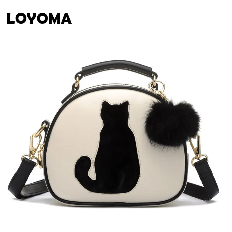 2017 Women Shoulder Bags Crossbody Bag Messenger For Girls Small Handbag PU Leather Full Moon Candy Color Cute Cat With Fur Ball