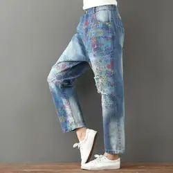 С принтом джинсовые штаны Повседневное плюс Размеры рваные Джинсы для женщин Мотобрюки женский Прямые джинсы Mujer g11204
