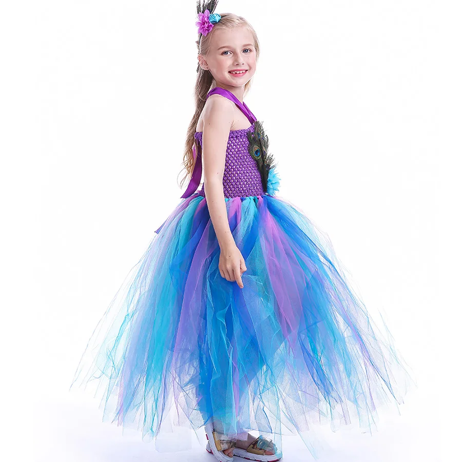 Pretty Peacock Feather Girls Flower Tutu Dress Wedding Birthday Party Halloween Purim Costume Kids Carnival Tutu Outfit (3)