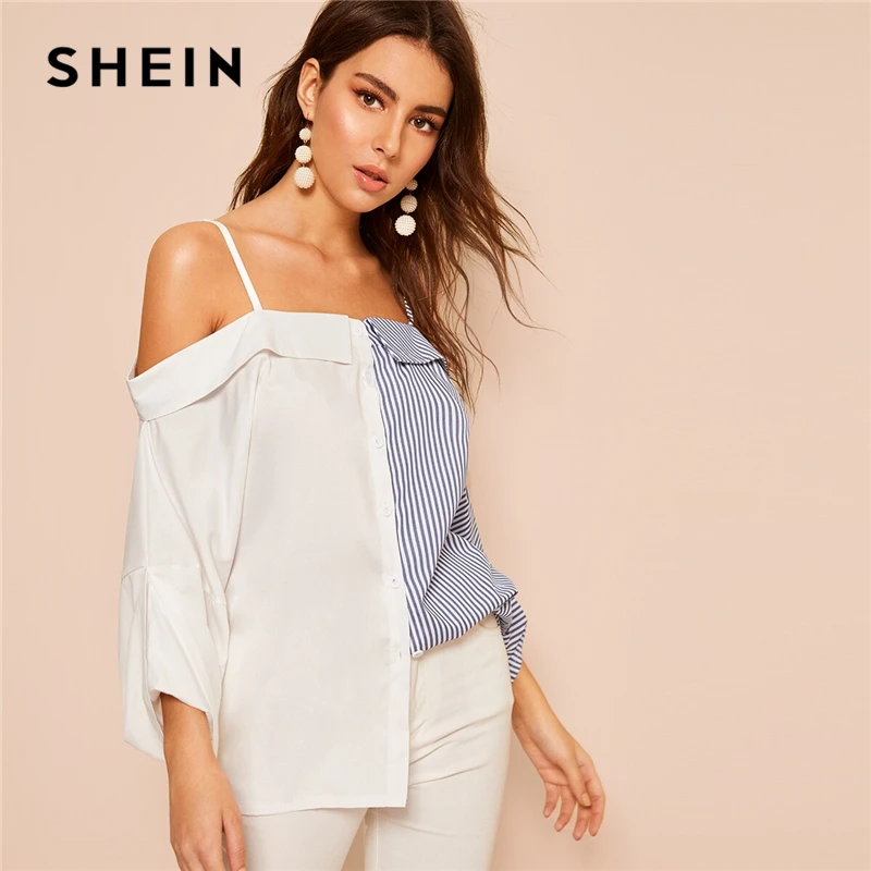 

SHEIN Abaya Multicolor Contrast Striped Print Straps Cold Shoulder Shirt Blouse Women Spring Summer Colorblock Elegant Blouses
