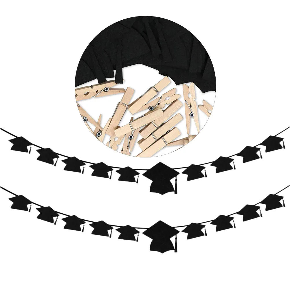 

2 Sets Graduation Banner Bachelor Cap Bunting Graduation Party Photo Prop School Class Party Pull Flag (Black)