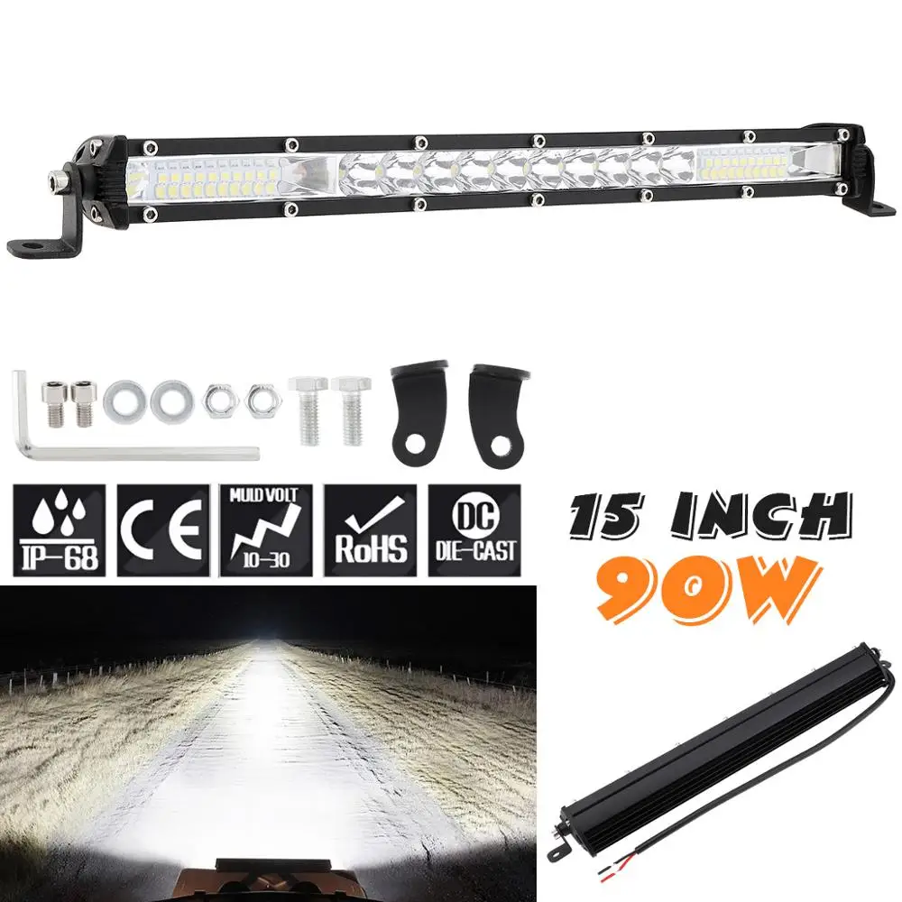 

Single Row 15 Inch 90W Work Light Bar LED Strip Light Car Working Light Auto Headlight Bulb for Off Road Car SUV ATV Truck