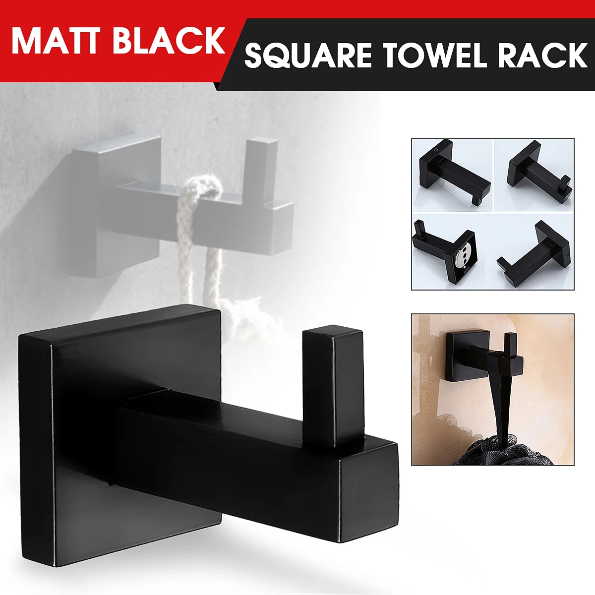 

Xueqin Matt Black Stainless Steel Square Towel Rack Holder Rail Tissue Roll Toilet Brush Holder Robe Hook