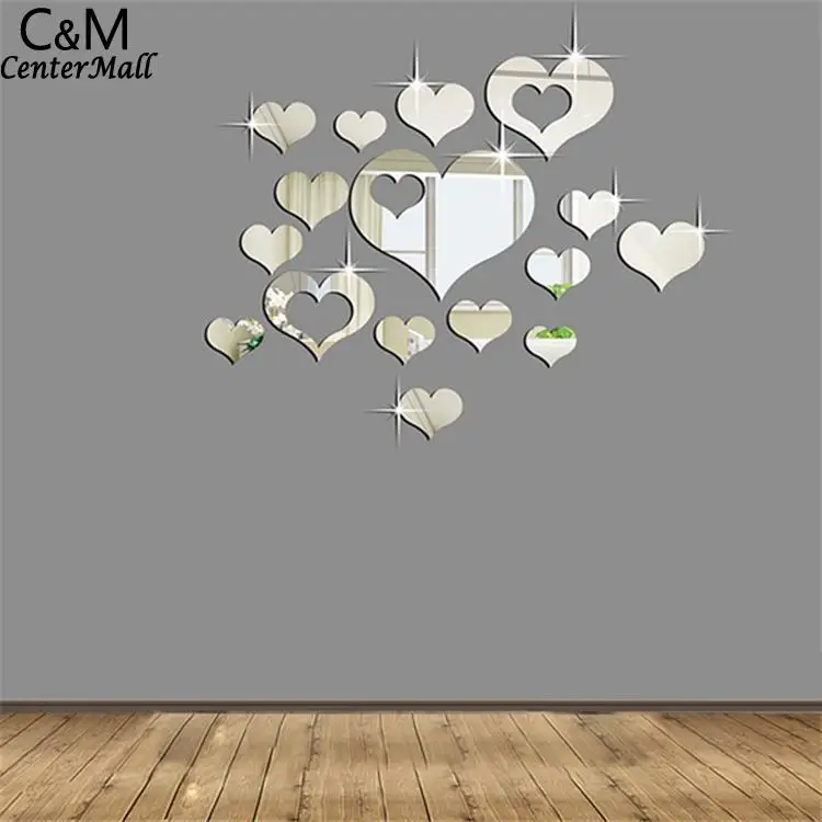 3D наклейки на стену DIY 16 шт. Зеркальные пластиковые настенные сердца узор фрески