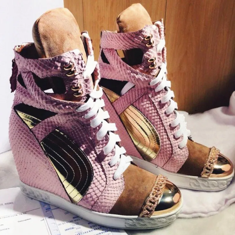 

Patchwork Height Increasining Women Casual Shoes Wedges Sneakers Genuine Leather Metal Toe Pink Lace Up Platform Shoes Women