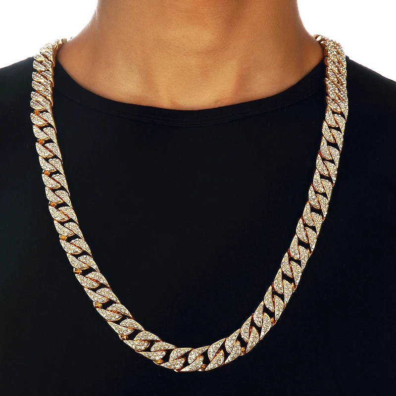 

Golden Bling Full Rhinestone Miami Cuban Necklaces & Bracelets Sets Hip Hop Jewelry Gifts Women Men Charm Chains
