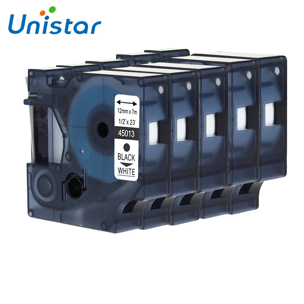 

Unistar 5PCS 45013 Compatible Dymo D1 Label Ribbons 12mm Black on White for Dymo Label Printer 45013 Label Tape Cartridges