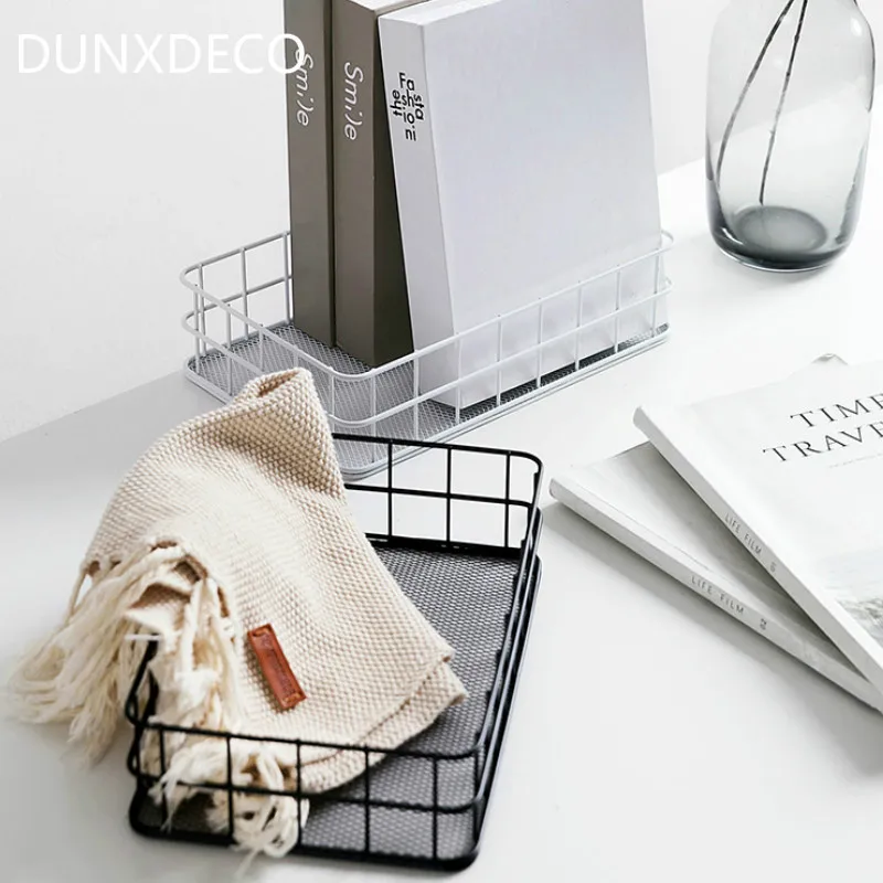 

DUNXDECO Home Office Storage Basket Modern Geometric White Black Iron Holder Container Kitchen Cosmetic Snacks Organiser Decor