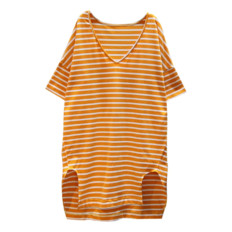 [HG] 2019 Summer Europe Fashion New Women V-neck Short Sleeve Dress Female Striped Irregular Casual Pullover Dress LY1004