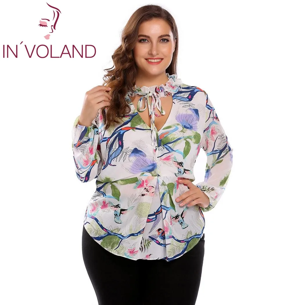 IN'VOLAND размера плюс M-3XL женская шифоновая блузка Blusas топы Осень Весна v-образный вырез длинный рукав в горошек Цветочный галстук рубашка Женский пуловер