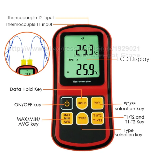 Цифровой K/J/T/E/R/S/N тип термопары термометр двухканальный ЖК-дисплей-150~ 1767degC ATC метр с точностью до+/-0.1%+ 0,6 degC
