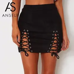 Anself Сексуальная кружевная элегантная Женская юбка карандаш открытая короткая юбка летняя повседневная Сплит Черная облегающая юбка