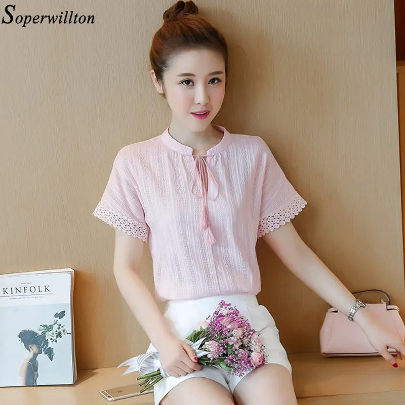 

Summer Blouse Women 100% Cotton Short Sleeve Lace Hollow Out Shirt 2019 New Elegant Lady Tops Casual Blusas Pink White Blue B214