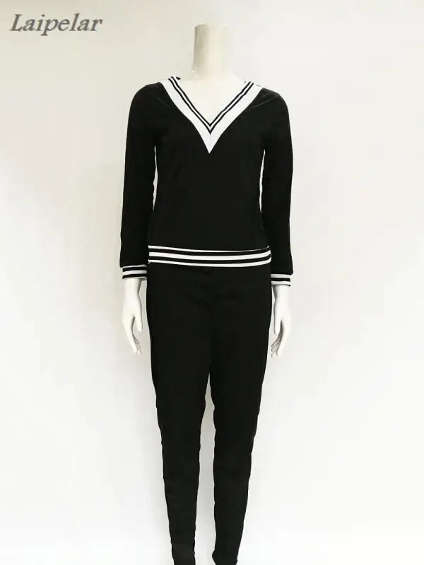 2018 Exo Bts Tracksuit for Women Fashion V-neck black grey striped 2 Pieces Kopo Hoodies sweatshirt women Ivy park own Pullover Hoodies