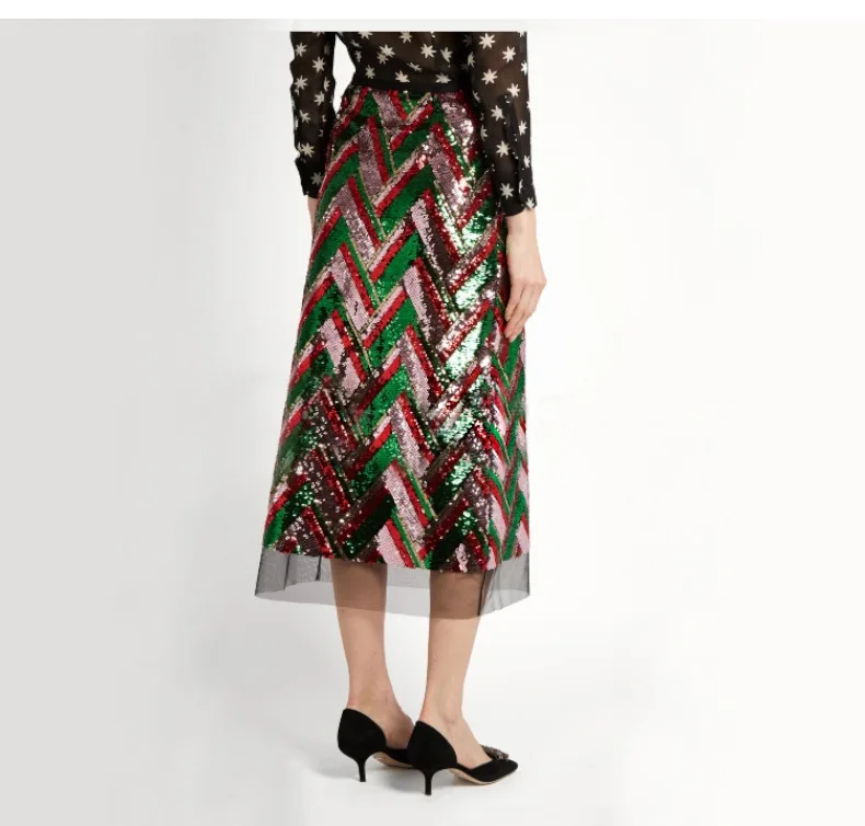 Runwway Designer Bling Wave Long Women Skirt (1)