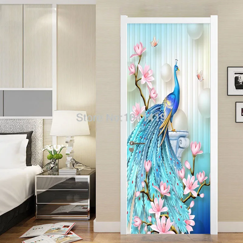Европейский стиль 3D тиснение синий павлин фото фрески обои гостиная спальня роскошные двери Стикеры ПВХ обои домашний декор