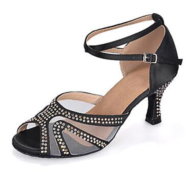 

New Ladies Black Satin Crystal Ballroom Latin Samba Salsa Ceroc Tango Jive Line Dance Heels Shoes All Size