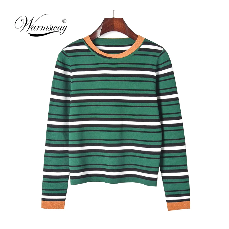 Brand Quality Harajuku Contrast Striped Sweater Green Color Block Ribbed Knit Slim Tops Sweater Women Pullovers C-132