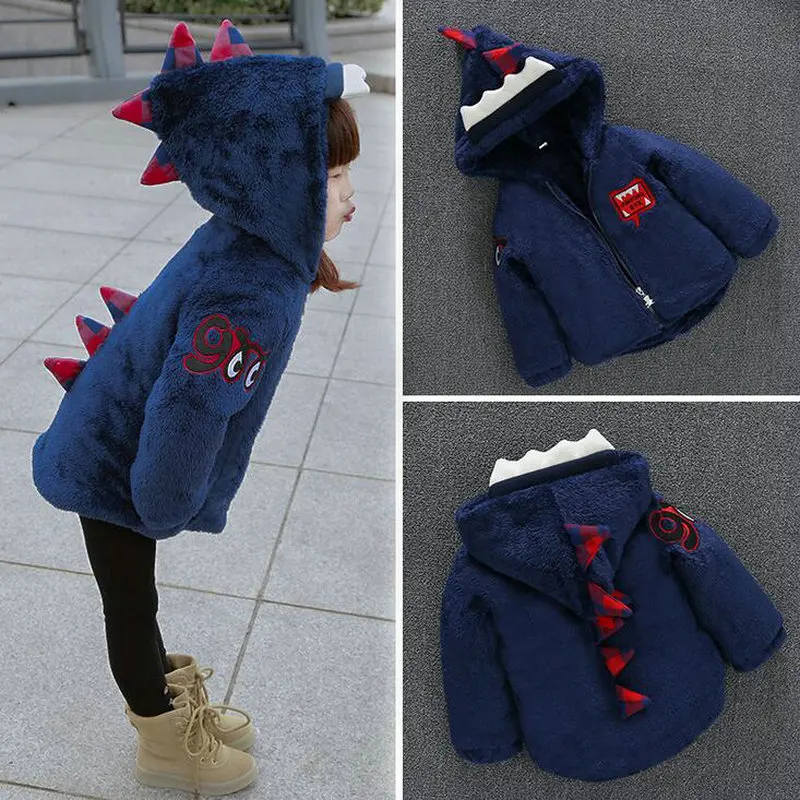 

2016 Winter Coat Baby Cartoon Dinosaur Jackets Warm Kids Fleeces Coats Boys Girls Jackets Tops Hooded Soft Outerwear Coats