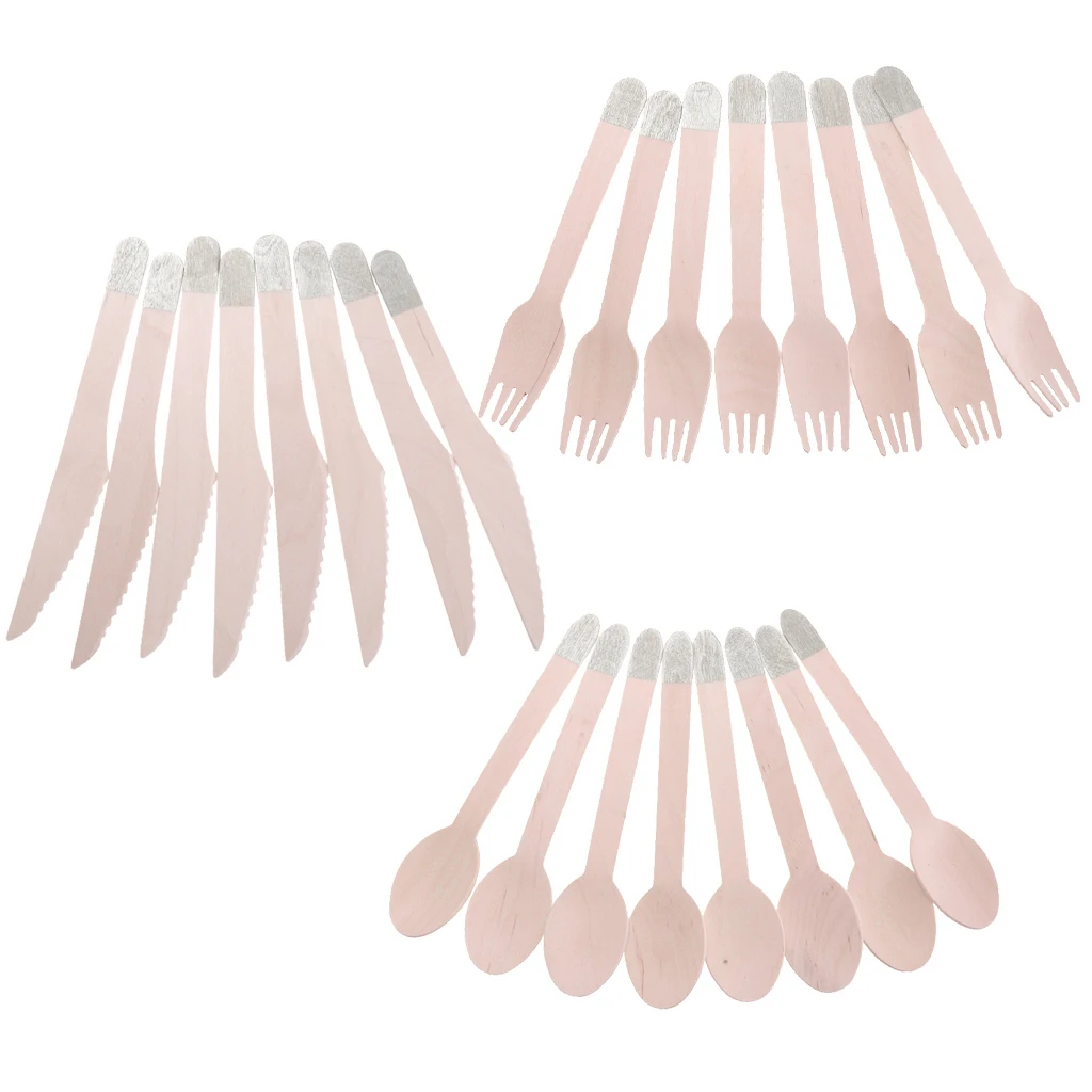 Pieces of 24 Vintage Disposable Wooden Fork Spoon Knife Home Party BBQ Tableware Cutlery Set