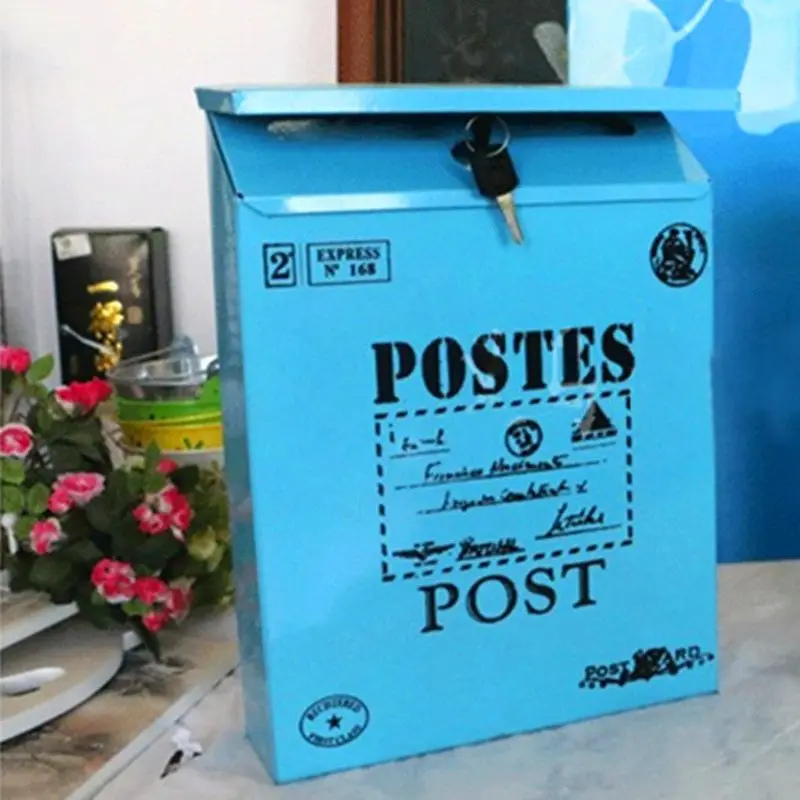 Винтажный металлический чехол для почтовой коробки, металлический оловянный газетный почтовый ящик для писем, водонепроницаемый почтовый ящик, запирающийся ящик, садовый орнамент, 4 цвета - Цвет: Синий