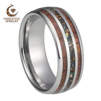 

8MM Tungsten Wedding Bands for Men Women With Real Blue Opal/Multicolor Opal Chip Koa Wood Inlay Domed Polished Comfort Fit