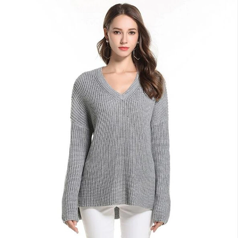 

Sweater Women 2019 Autumn Winter Plus Size Loose Casual Pullover Sweaters Simple Solid V Neck Ladies Fashion Knitted Sweater NEW