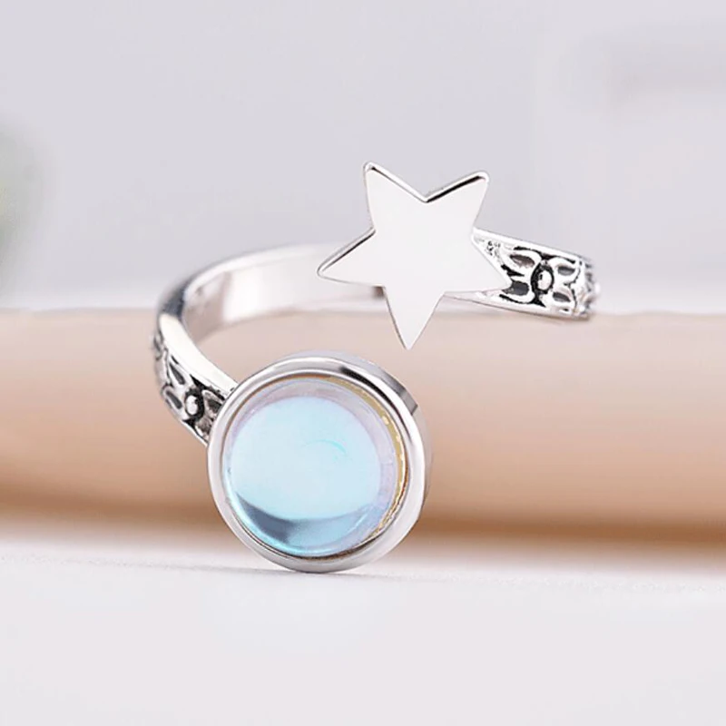 

KOFSAC 2019 Hot Sale Thai Silver Rings For Girl Jewelry Open Size Crystal Round Pentagram Star Ring Women Party Accessories