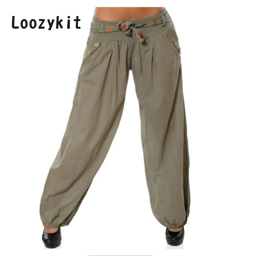 

LOOZYKIT 2019 Casual Women Spring Autumn Oblique Button Pocket Loose Pants Plus Size Pleated Low Waist Wide Leg Elastic Pants