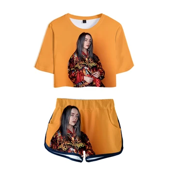 

Summer Billie Eilish 3D Exposed Navel T-shirt+shorts women's two-piece sets Fashion Hip Hop Streetwear 3D girl's two-piece suits