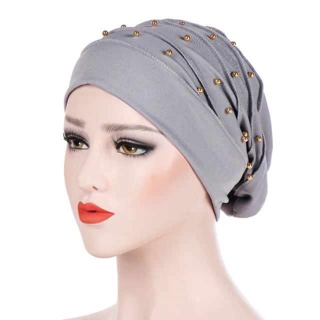 Muslim Women Stretch Cotton Ruffle Bead Turban Hat chemotherapy Chemo Beanies Caps Headwrap Hair Loss For Cancer Accessories Gray