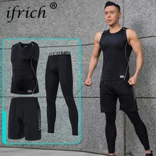 Сжатия быстросохнущая облегающий спортивный костюм для мужчин s фитнес комплект из 3 предметов без рукавов черная футболка брюки костюм мужской о