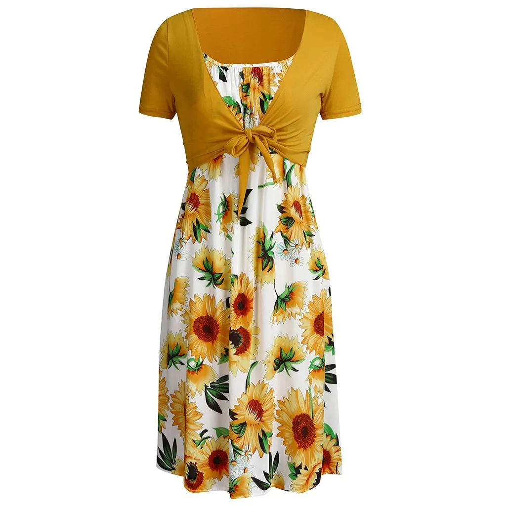 

2019 Summer Sunflower Dress Women Party Dress Plus Size Flower Beach Dress Female Floral Backless Midi Striped Dress Ladies #Zer