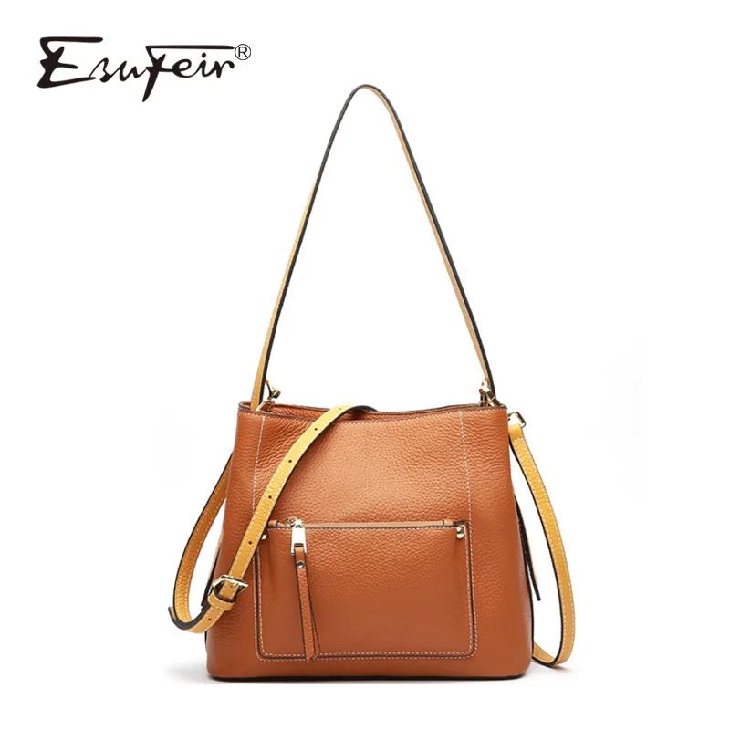 

ESUFEIR 2018 New Genuine Leather Women Handbag Solid Fashion Shoulder Bag Messenger Bucket Bag Luxury Handbags Women Designer