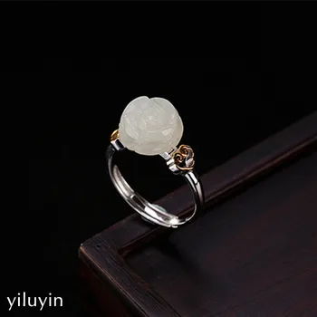 

KJJEAXCMY boutique jewelryS925 Sterling Silver gilded natural Hetian jade rose ring, retro character, multi touch female ring or