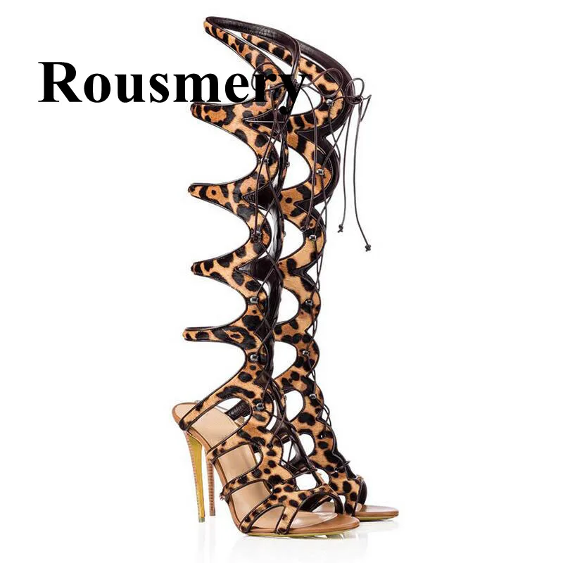 

2018 Summer Mid-Calf Sexy Leopard Thin High Heel Cross-tied Open Toe Women Sandals Two Color Normal Size Fashion Ladies Shoes