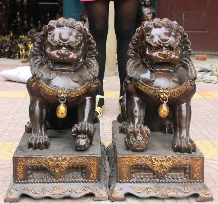 

24" Folk Chinese FengShui Bronze Guard Door Fu Foo Dog Lion Ball Cub Statue Pair