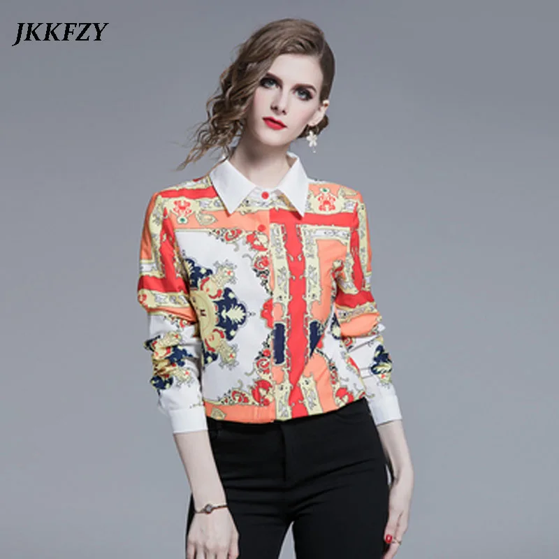 

Women Long Sleeve Large Size Printed Blouse 2019 Summer Ladies Fashion Design Runway High Street Shirt Office Lady Elegant Shirt