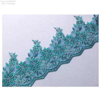 

Free Shipping 1yard x New Turquoise/Silver Alencon Flower Embroidery Lace Trims Dress Costume Gowns Garment Accessories TRELC11A