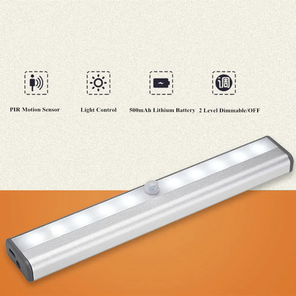 PIR Motion Sensor LED Under Cabinet Light Human Boby Induction Light Control 10 LEDs Wall Lamp Wardrobe Closet Aisle Night Light 