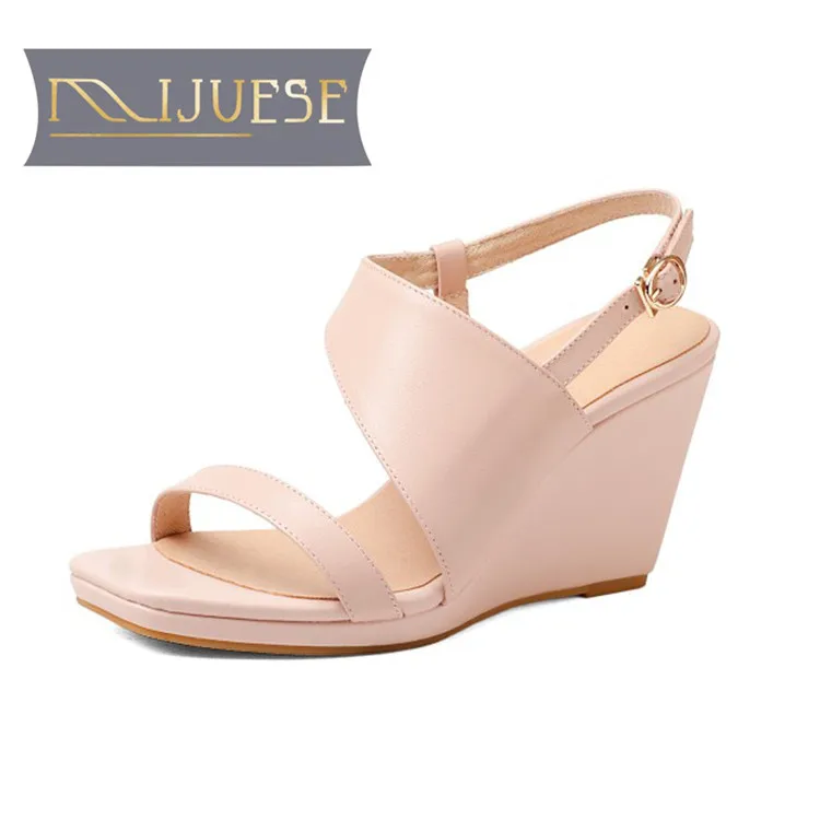 

MLJUESE 2018 women sandals cow leather pink color Gladiator buckle strap open toe high heels wedges pumps women size 34-39