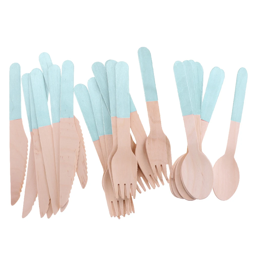Pieces of 24 Vintage Disposable Wooden Fork Spoon Knife Home Party BBQ Tableware Cutlery Set