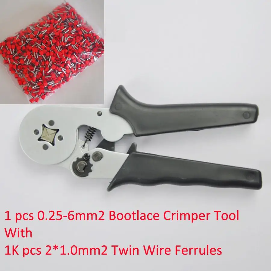 

HSC8-6-4B 0.25-6mm2 Crimping Tool Bootlace Ferrule Crimper and 1K 2*1.0mm2 Red TE1008 PVC Insulated Bootlace Wire Ferrules