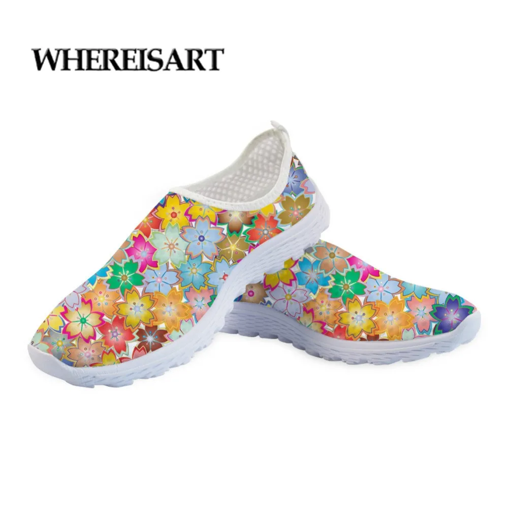 

WHEREISART 2019 Fashion Summer Women Female Flats Flower Printing Breathable Ladies Sneaker Shoes Fashion Air MeshFlat Shoes