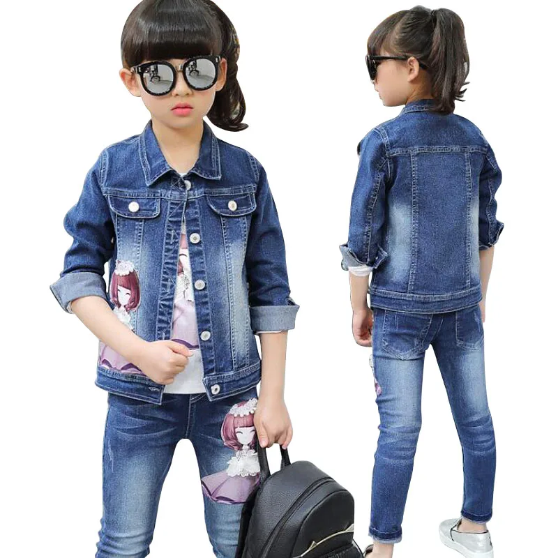 

3PCs Girl Clothing Set Spring Autumn Kids Girl Printed White T Shirt Denim Single Breasted Jacket And Jeans Outfit Set Children
